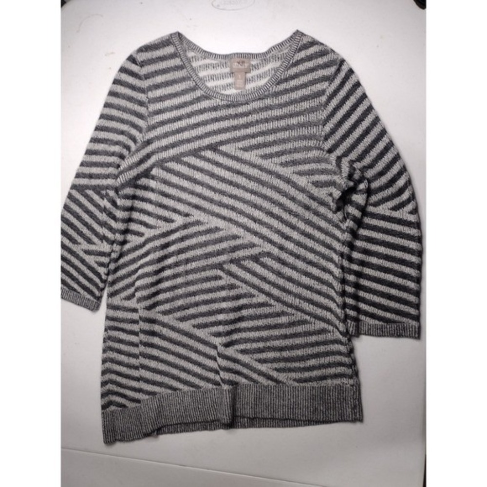 Chicos Black White Geometric Striped 3/4 Sleeve Knit Sweater Womens Size 1 M